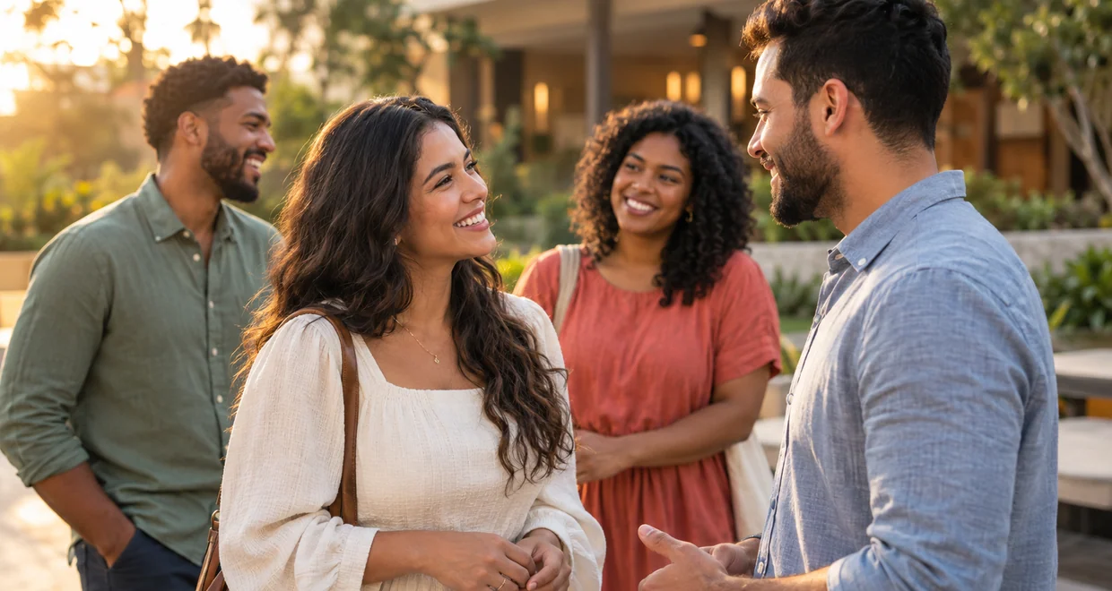 Solteiros cristãos conversando em um encontro de comunidade